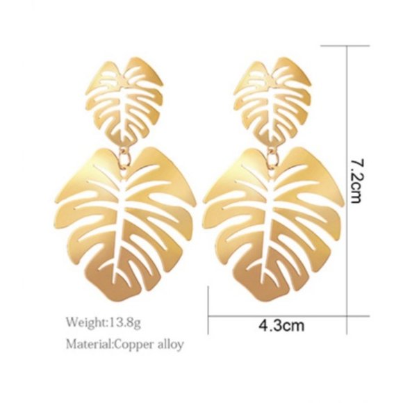 Boho Philodendron Leaf Plant Dangle Statement Earrings Gold - Picture 3 of 9